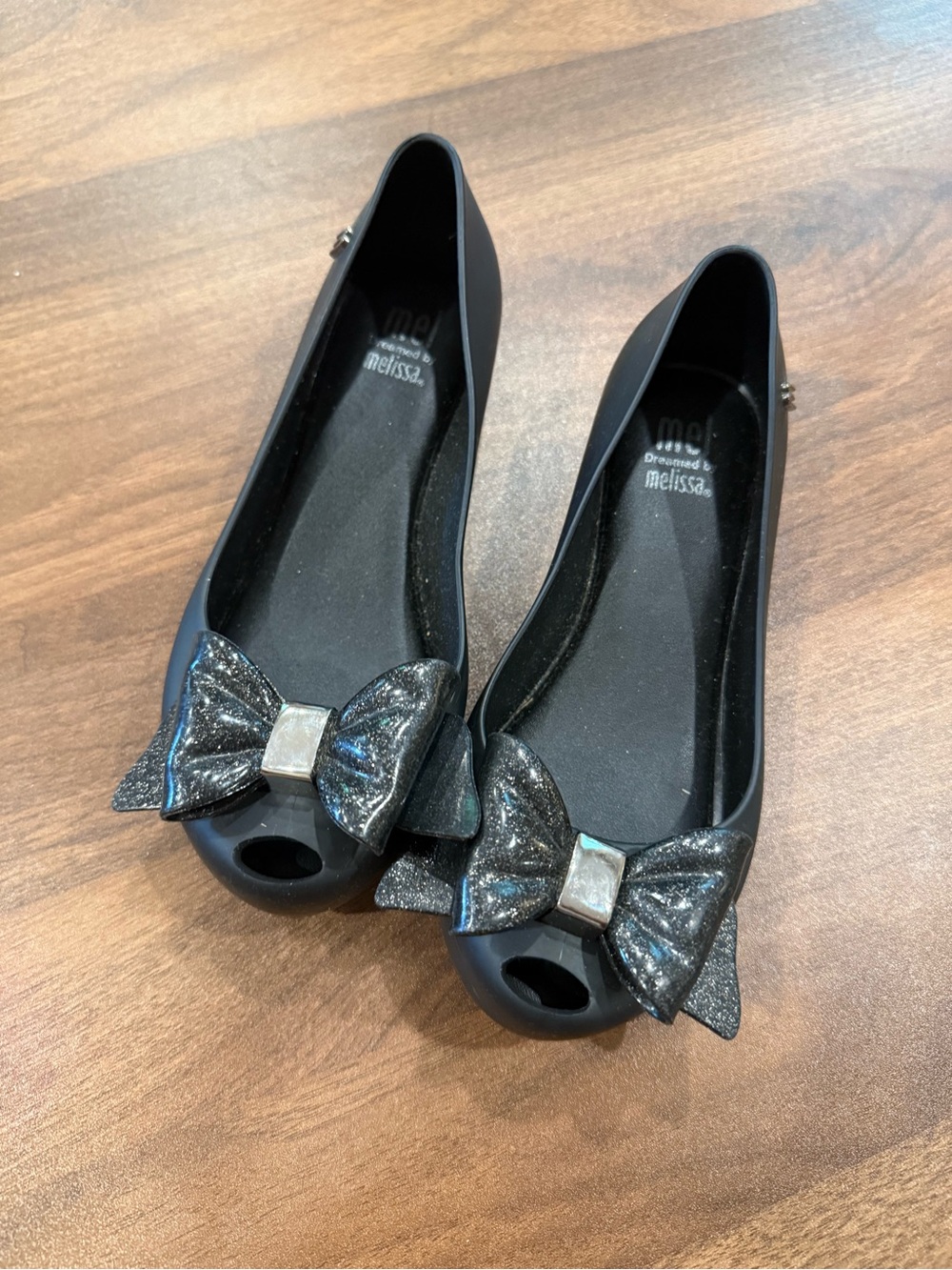 Mini Melissa Toddler 12 Black Silver Bow Peep-Toe Ballet Flats